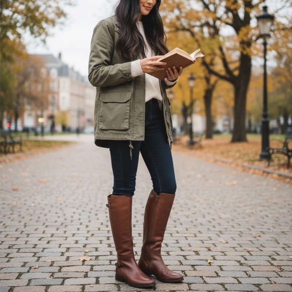Frye Jordan Strap Cognac Leather Tall Riding Boots - Picture 2 of 14